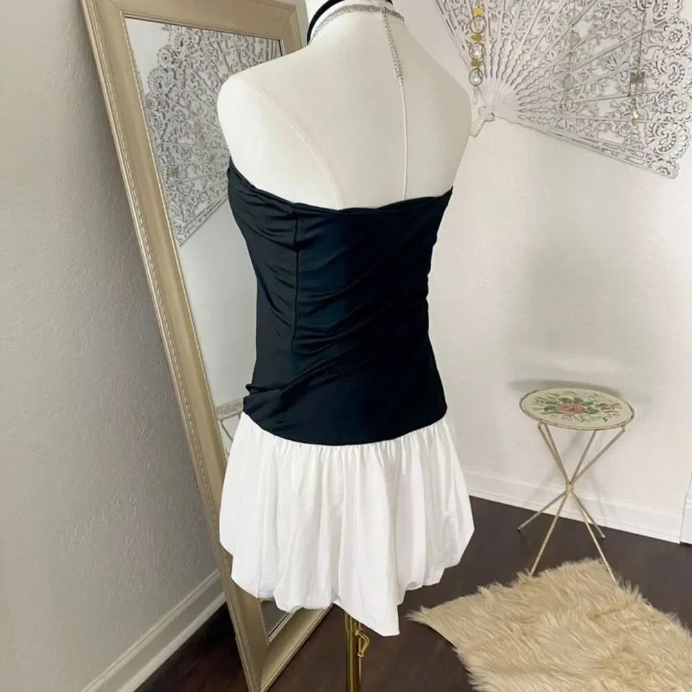 Nwot Black And White Balloon Skirt Bandeau Strapless Mini Dress S
